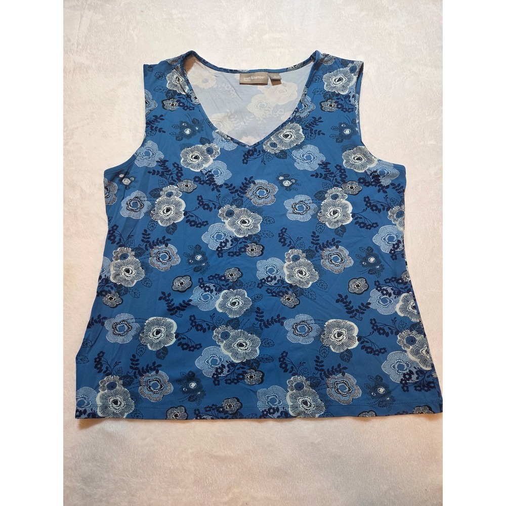 259 Croft & Barrow Blue Floral Stretch Knit Top Women's Large L Short Sleeve
